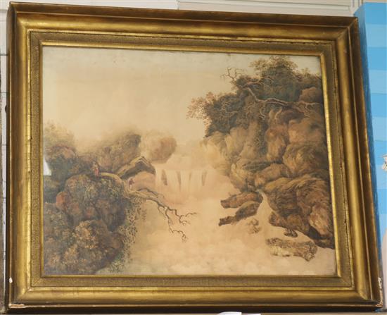 Early 19th century English School, watercolour, angler beside a waterfall, 44 x 55cm